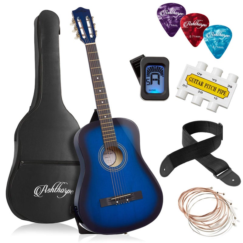 Ashthorpe 38-inch Beginner Acoustic Guitar Package (Blue), Basic Starter Kit w/Gig Bag, Strings, Strap, Tuner, Pitch Pipe, Picks - Image 1